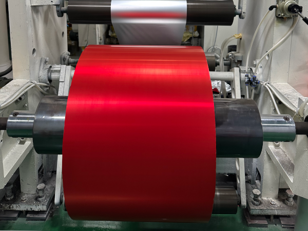 Red printed aluminum foil jumbo roll — food-safe ink gravure